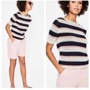 Boden Corrina Knitted Tee - Ivory, Navy And Pink Stripe